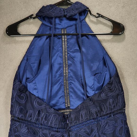 Bardot Lace Sheath‎ Dress sz 10 L Women Gemma Navy Blue Halter Cocktail Wedding - Picture 11 of 12